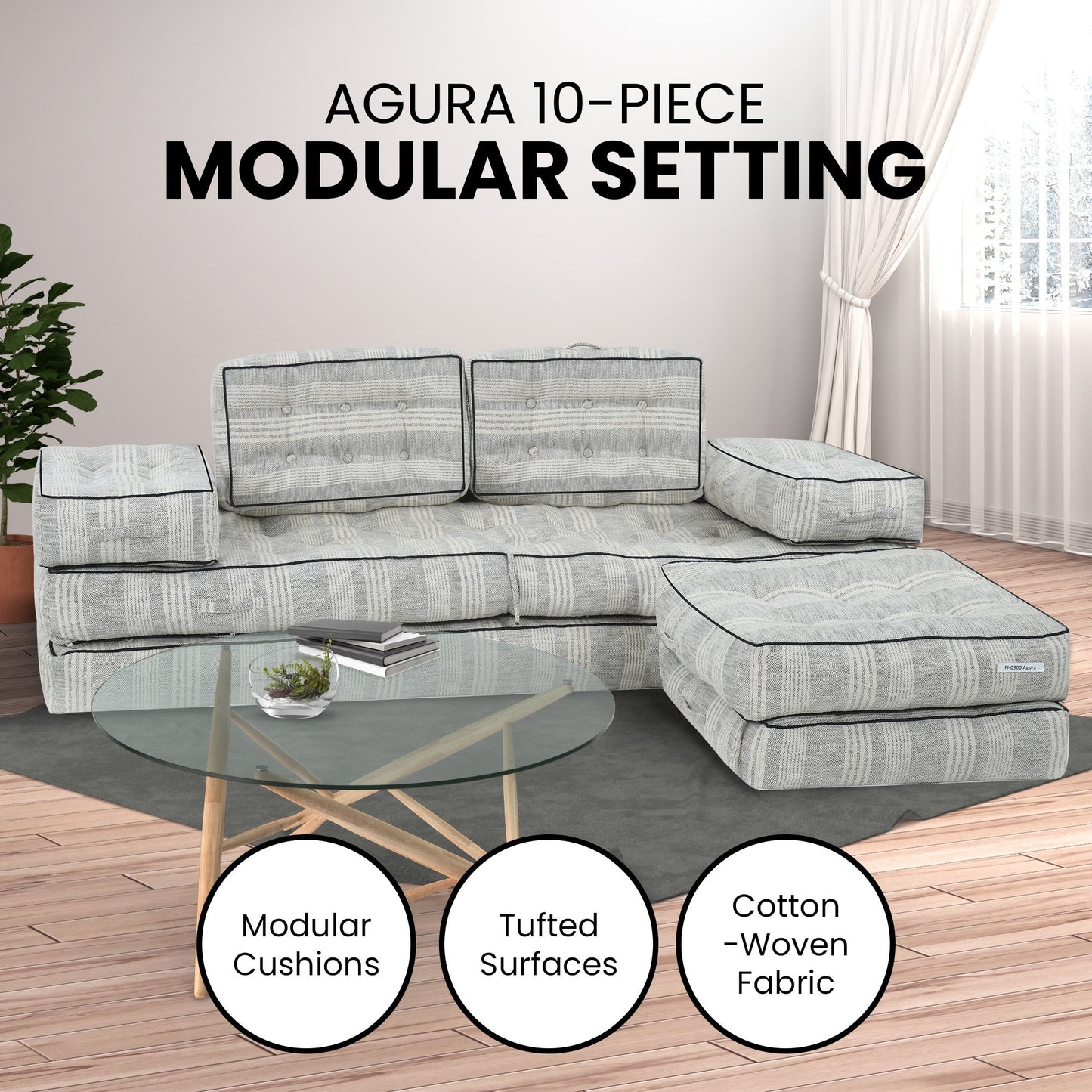 Agura 10-Piece Modular Setting Lounge Couch Tufted Cotton Woven Fabric