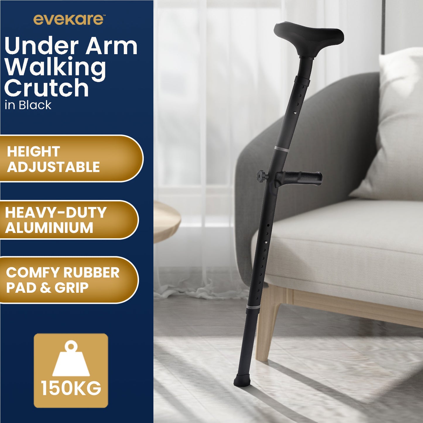 Evekare Heavy Duty Under Arm Walking Crutch - Black