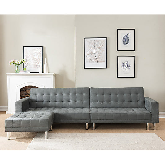 Sarantino Faux Velvet Corner Wooden Sofa Bed Couch with Chaise - Grey