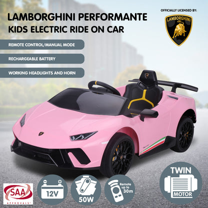 Lamborghini Performante Kids Electric Ride On Car Remote Control Pink