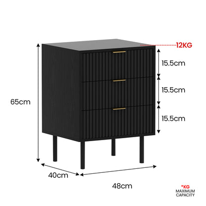 Sarantino Evelyn Bedside Table with 3 Drawers - Black