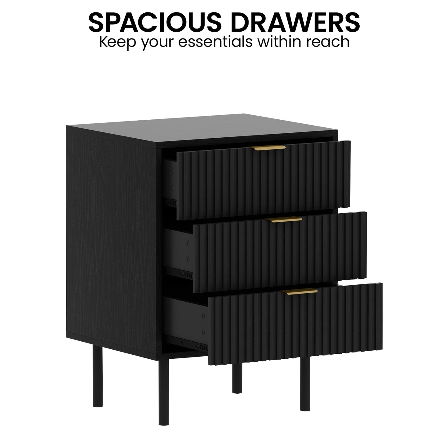 Sarantino Evelyn Bedside Table with 3 Drawers - Black