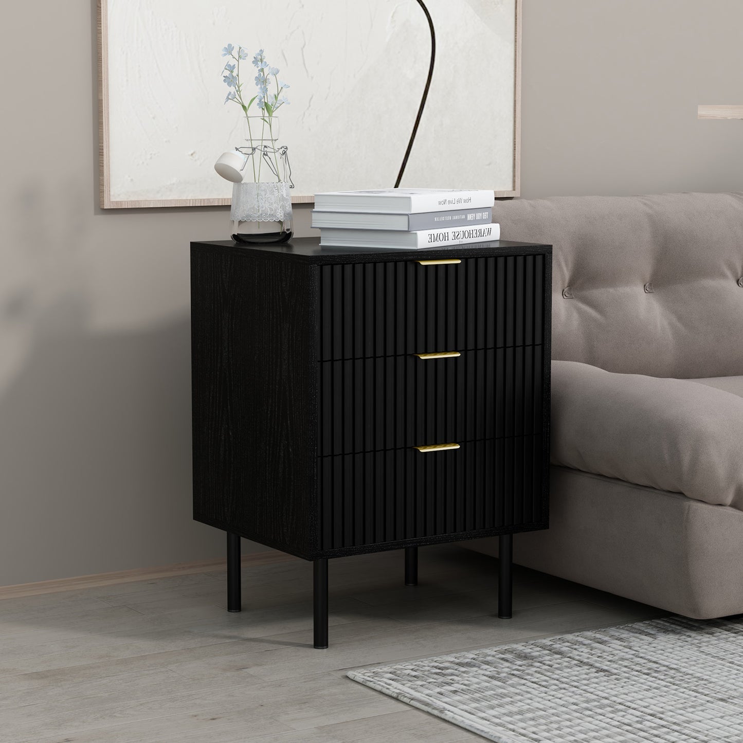 Sarantino Evelyn Bedside Table with 3 Drawers - Black