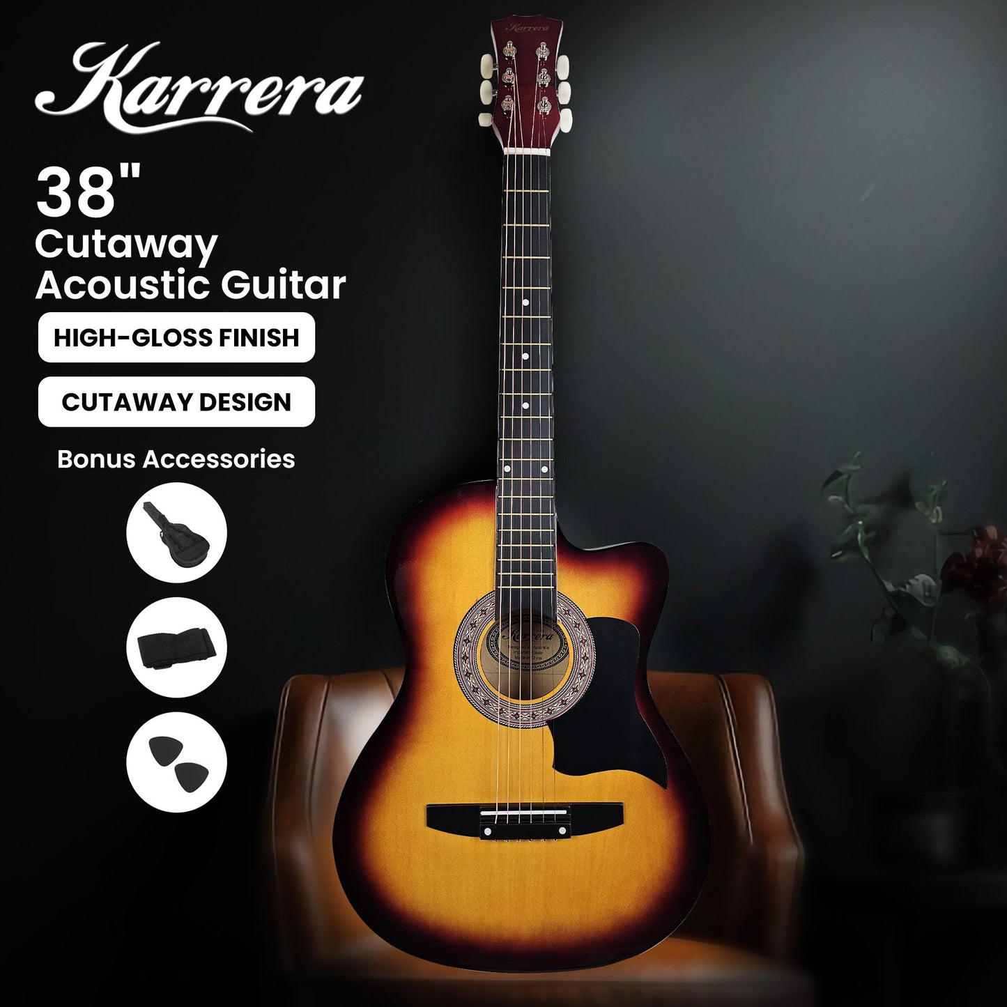 38in Karrera Acoustic Guitar Steel Strings Carry Bag Shoulder Strap Sun Burst