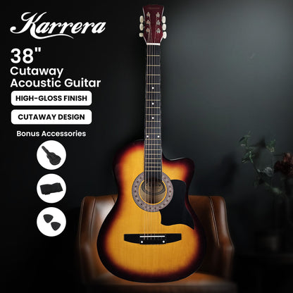 38in Karrera Acoustic Guitar Steel Strings Carry Bag Shoulder Strap Sun Burst