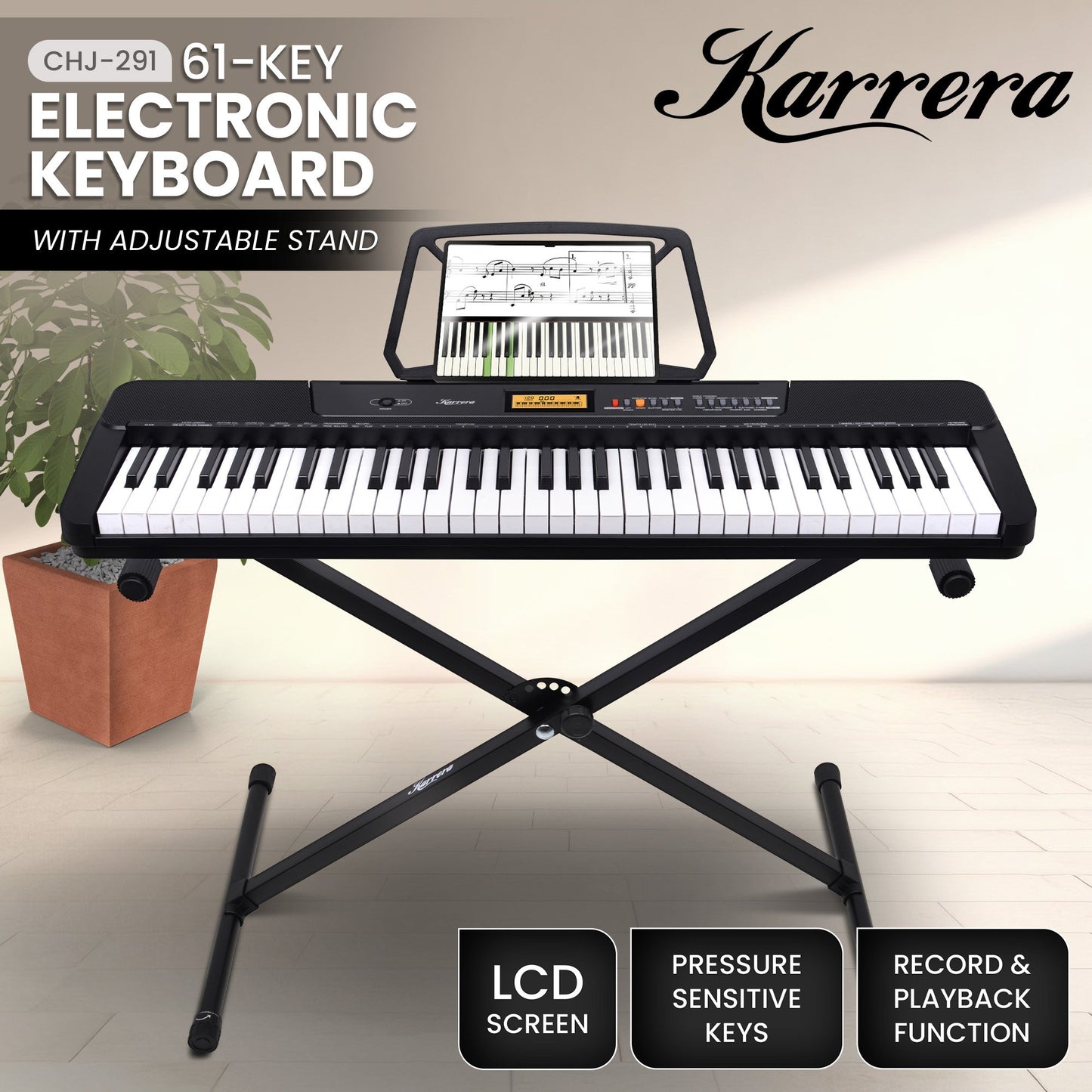 Karrera 61-Key Electronic Keyboard with LCD Display and Touch Response in Black CHJ-291