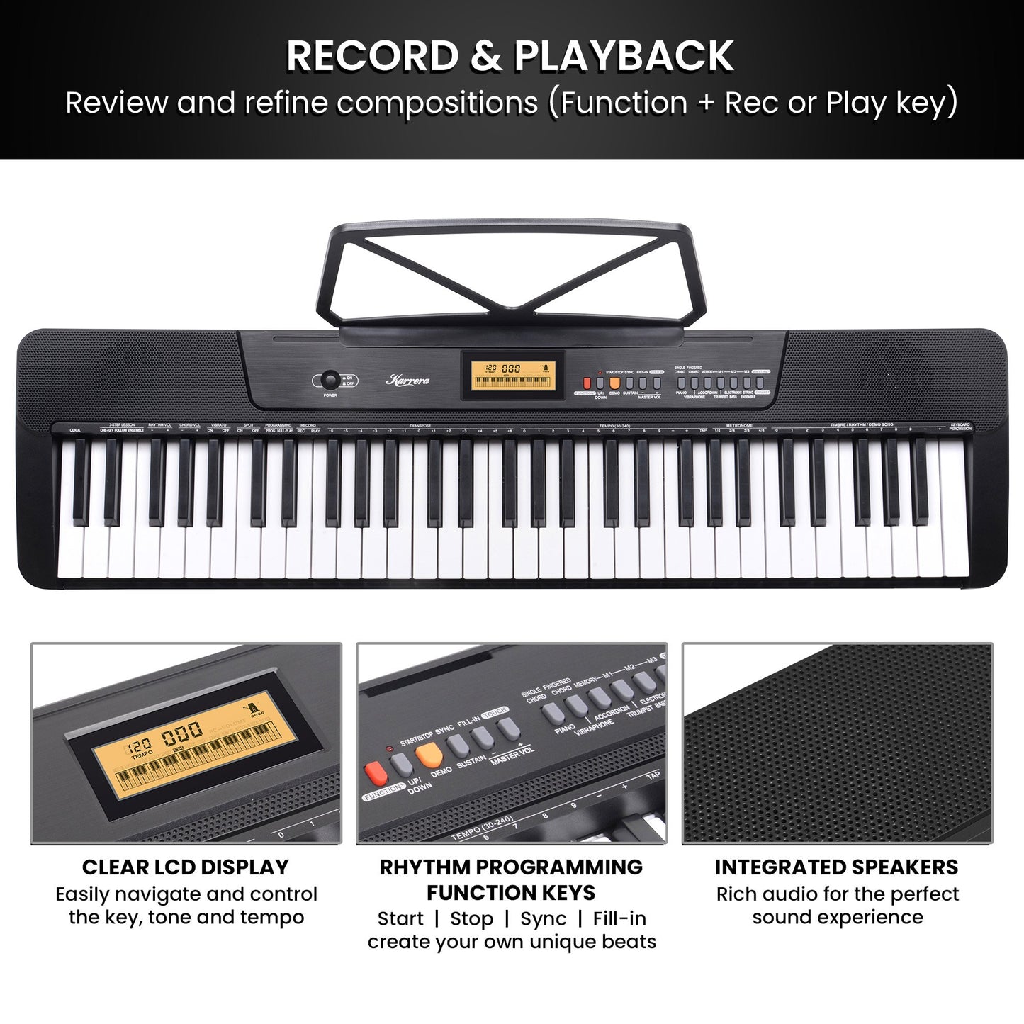 Karrera 61-Key Electronic Keyboard with LCD Display and Touch Response in Black CHJ-291