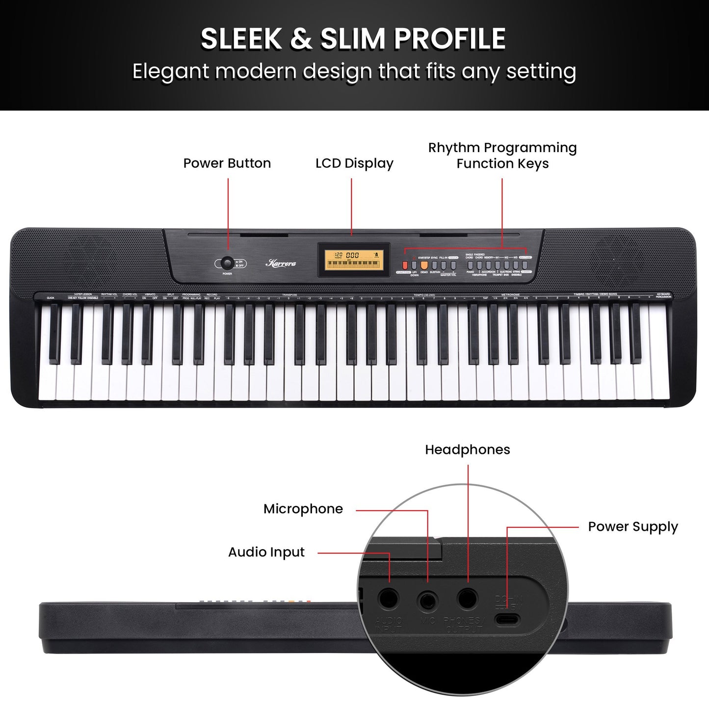 Karrera 61-Key Electronic Keyboard with LCD Display and Touch Response in Black CHJ-291