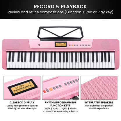 Karrera 61-Key Electronic Keyboard with LCD and Touch Response in Pink CHJ-291