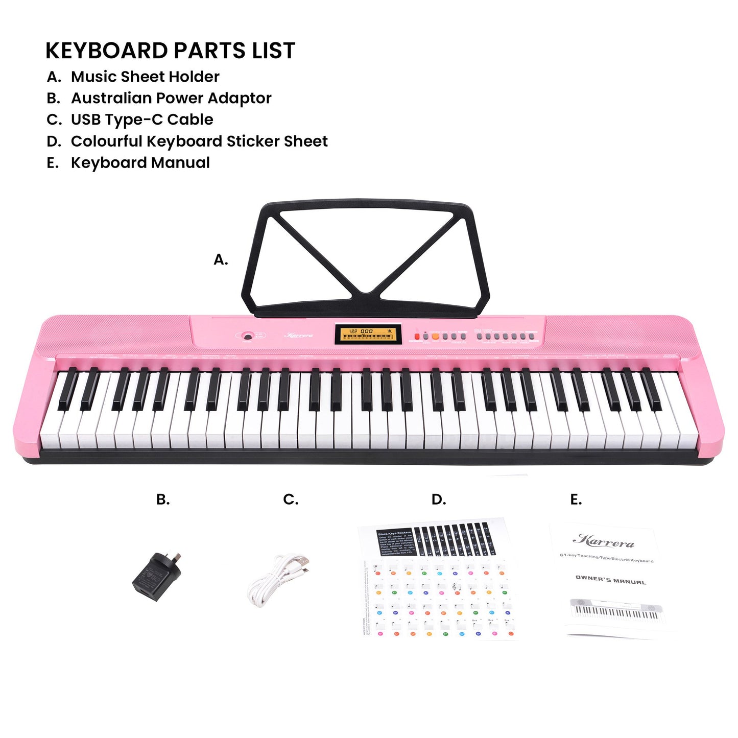 Karrera 61-Key Electronic Keyboard with LCD and Touch Response in Pink CHJ-291