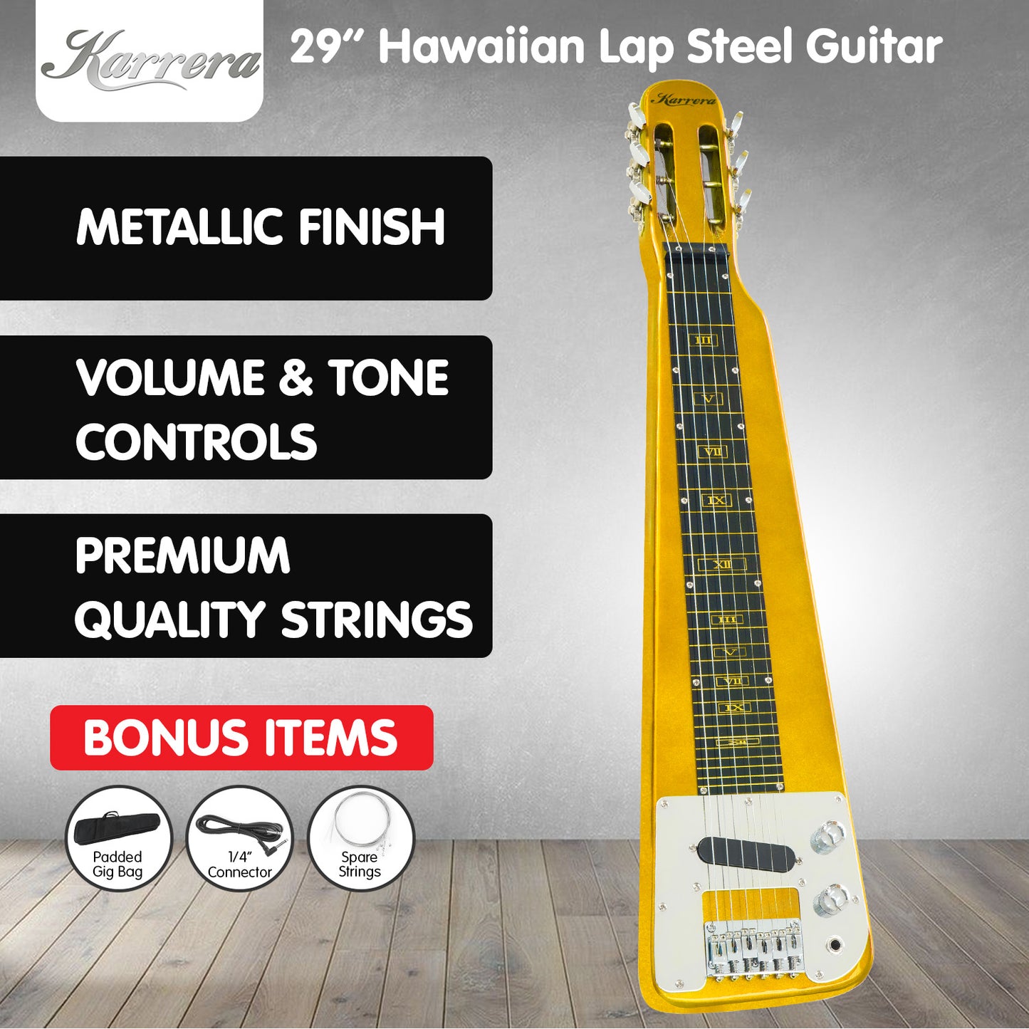 Karrera 29in 6-String Lap Steel Hawaiian Guitar - Metallic Gold