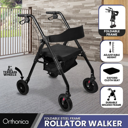 Orthonica Foldable Mobility Steel Rollator 136kg Max Capacity Black