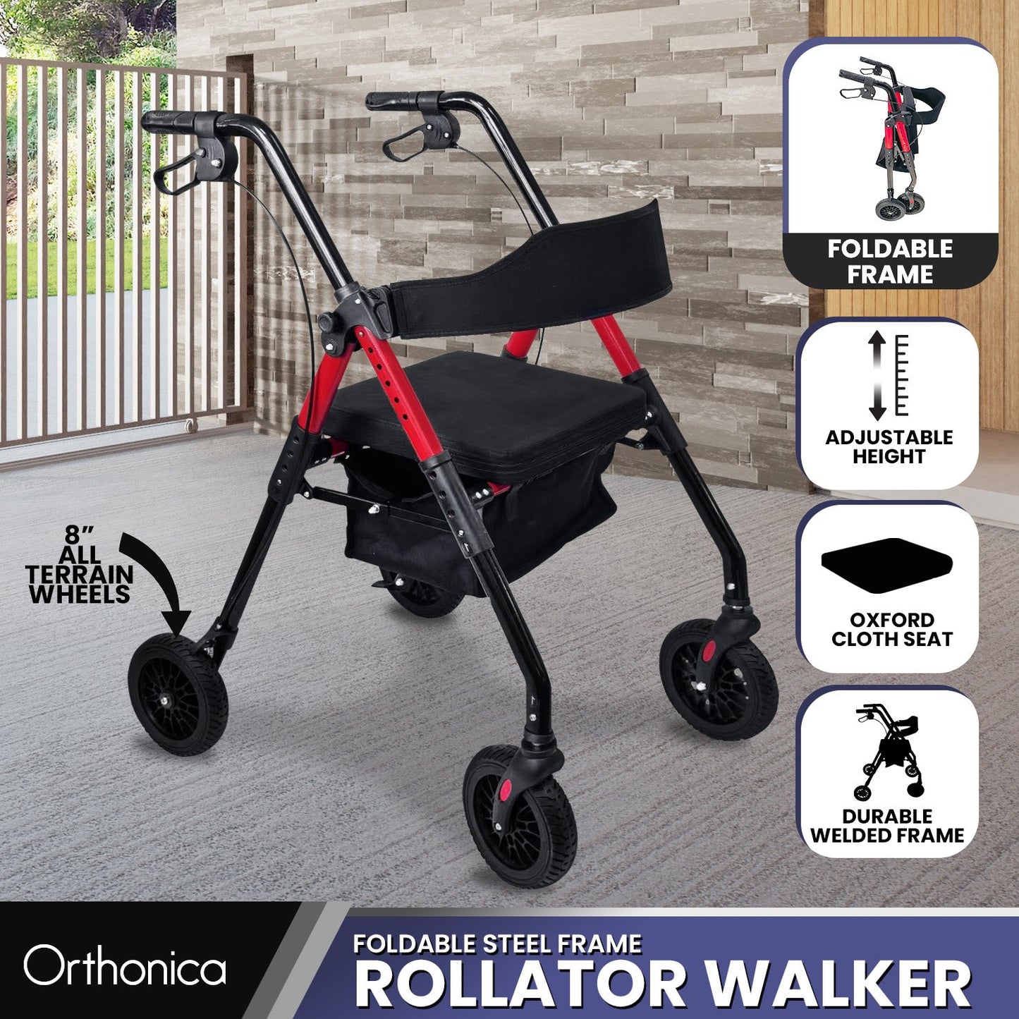 Orthonica Foldable Mobility Steel Rollator 136kg Max Capacity Red