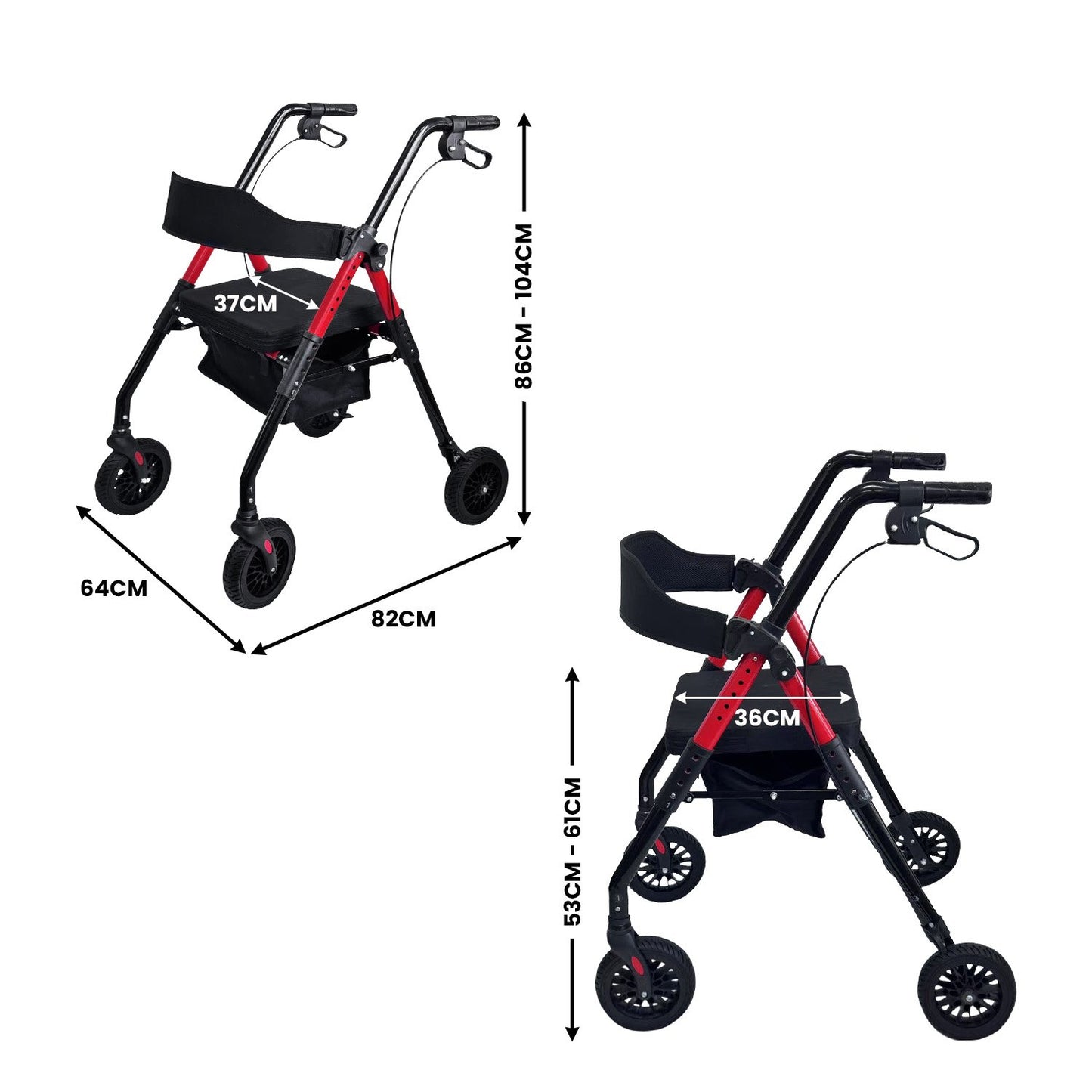 Orthonica Foldable Mobility Steel Rollator 136kg Max Capacity Red