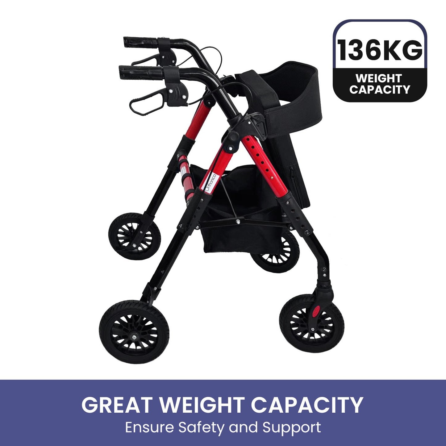 Orthonica Foldable Mobility Steel Rollator 136kg Max Capacity Red