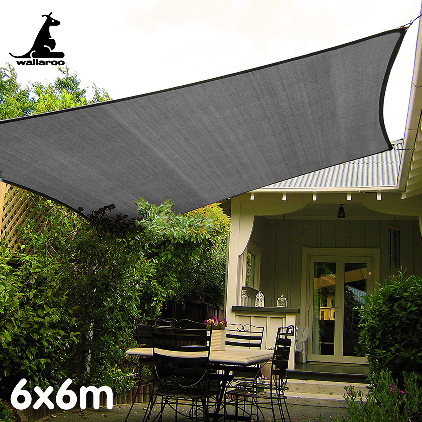 Wallaroo Outdoor Sun Shade Sail Canopy Grey Square 6 x 6M