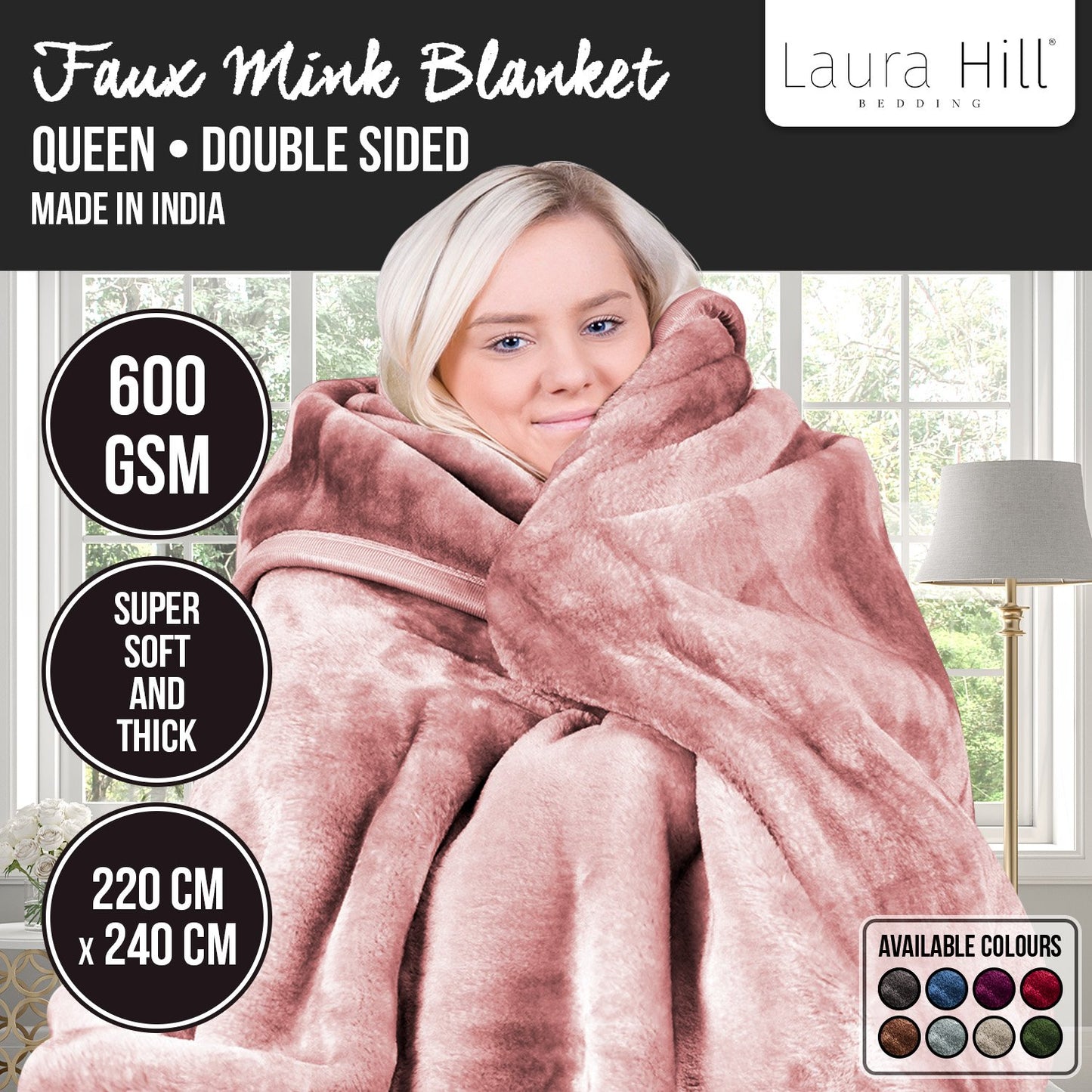 Laura Hill 600GSM Double-Sided Queen Size Faux Mink Blanket - Pink