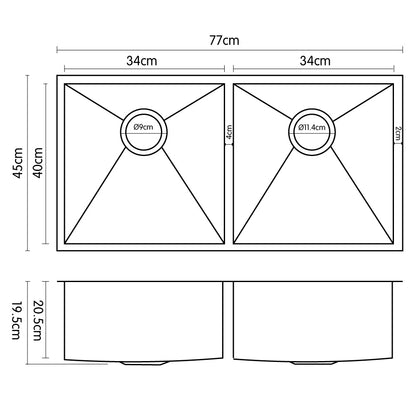 304 Stainless Steel Undermount Topmount Kitchen Laundry Sink - 770 x 450mm