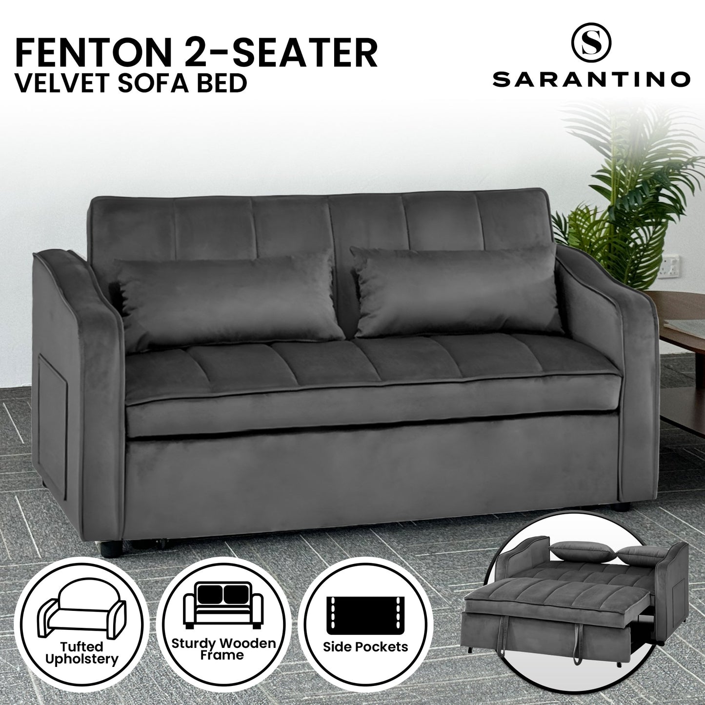 Sarantino Fenton 2-Seater Velvet Sofa Bed in Dark Grey