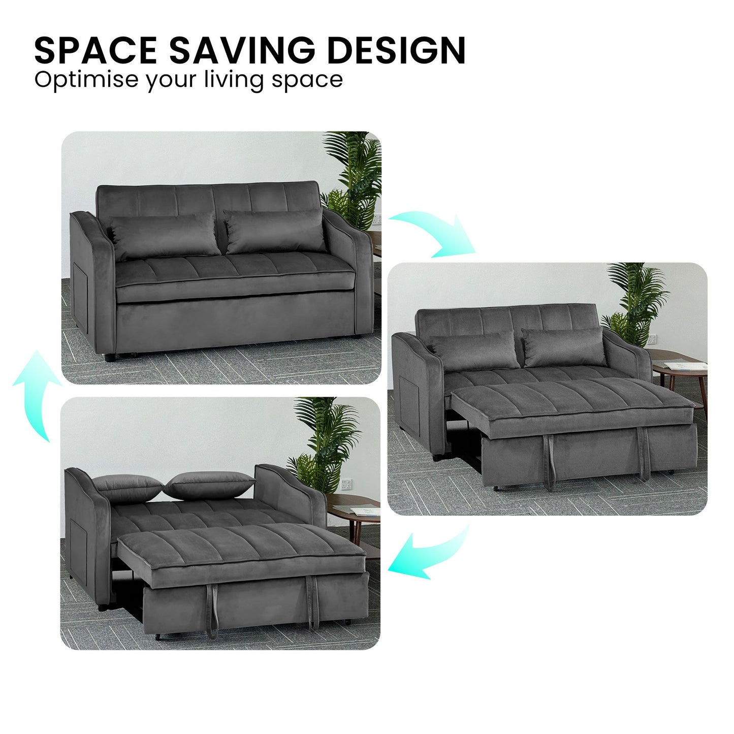 Sarantino Fenton 2-Seater Velvet Sofa Bed in Dark Grey