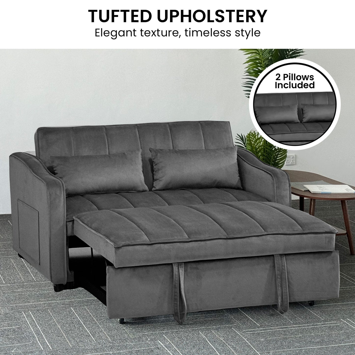 Sarantino Fenton 2-Seater Velvet Sofa Bed in Dark Grey