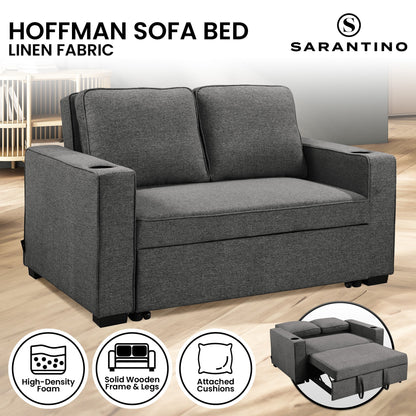 Sarantino Hoffman Linen Sofa Bed with Cushions and Cup Holders - Dark Grey