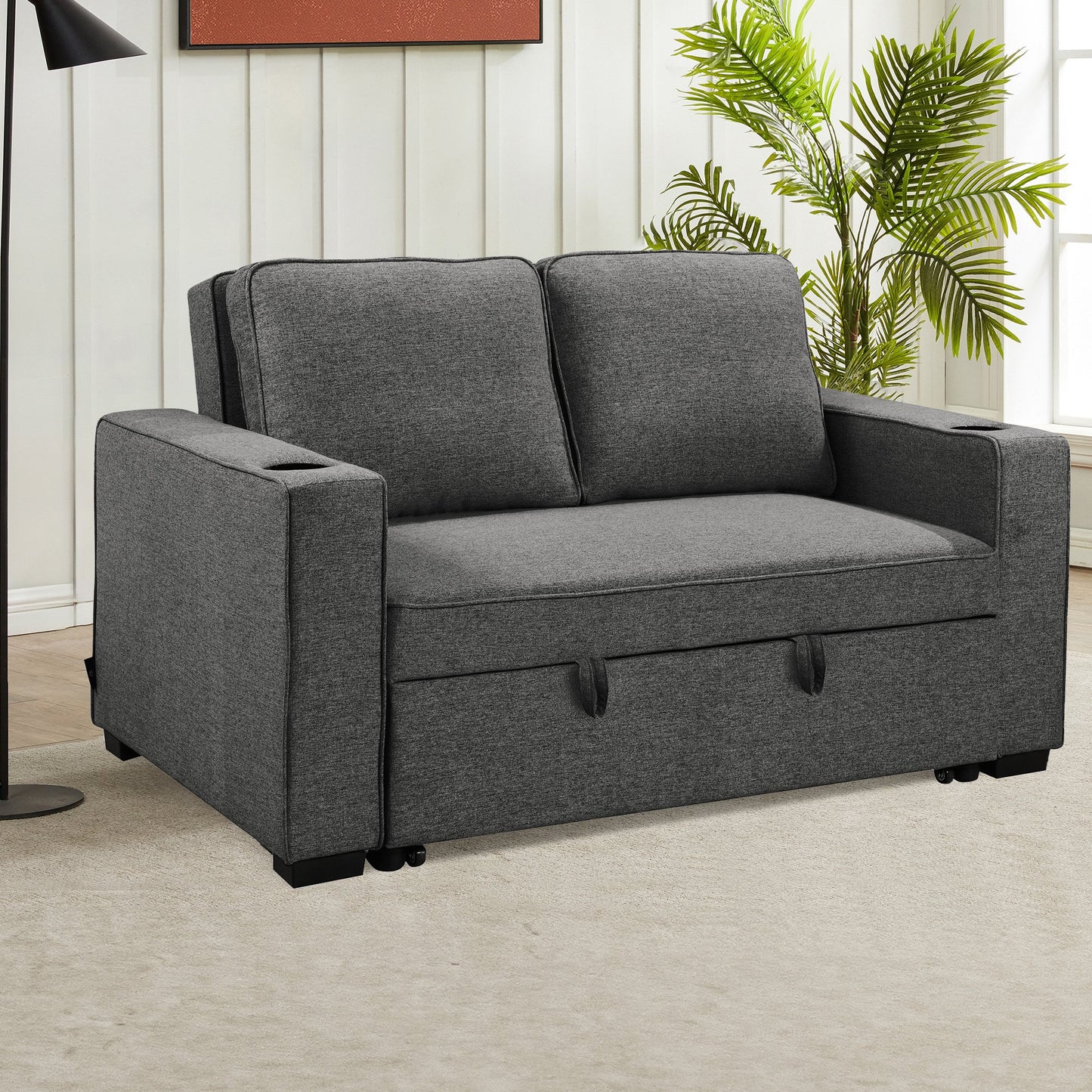 Sarantino Hoffman Linen Sofa Bed with Cushions and Cup Holders - Dark Grey