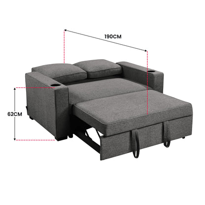 Sarantino Hoffman Linen Sofa Bed with Cushions and Cup Holders - Dark Grey