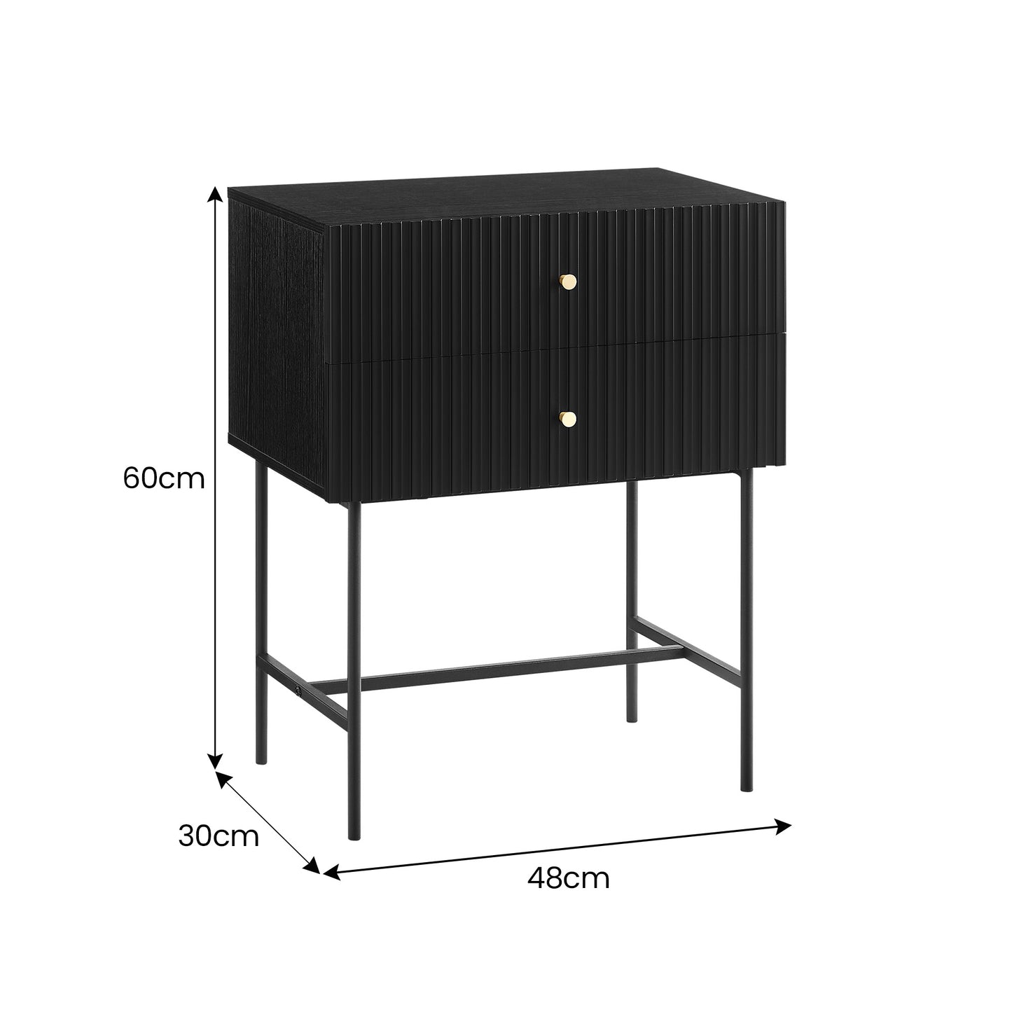 Sarantino Arden Fluted 2-Drawer Bedside Table Night Stand - Black