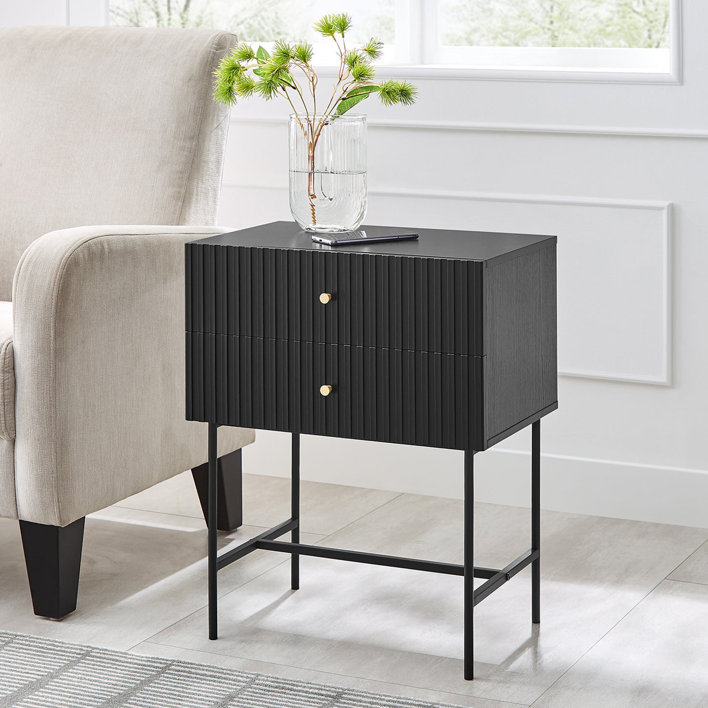 Sarantino Arden Fluted 2-Drawer Bedside Table Night Stand - Black