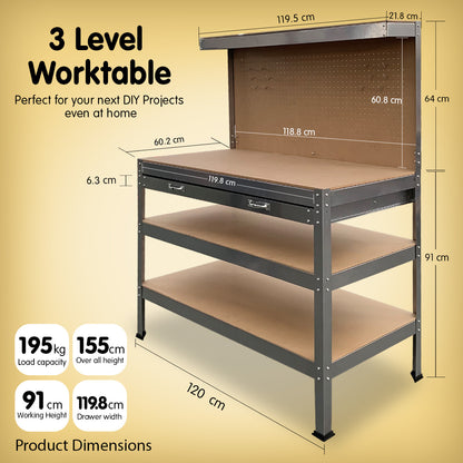 3-Layered Work Bench Garage Storage Table Tool Shop Shelf Silver