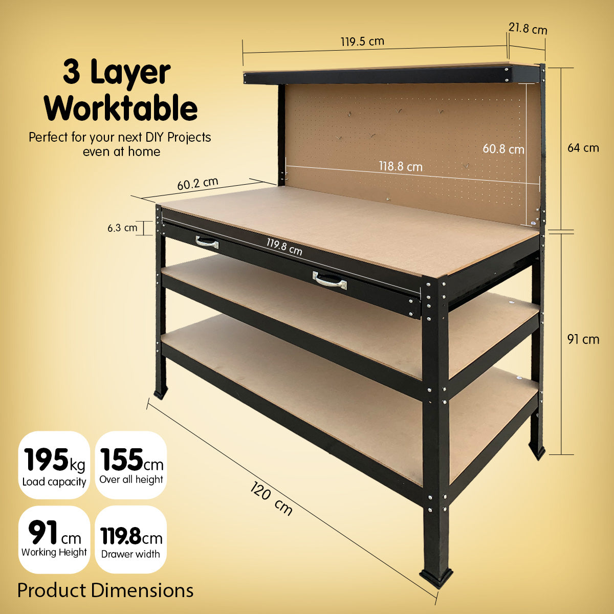 3-layer Steel Work Bench Garage Storage Table Tool Shop Shelf Pegboard Drawer