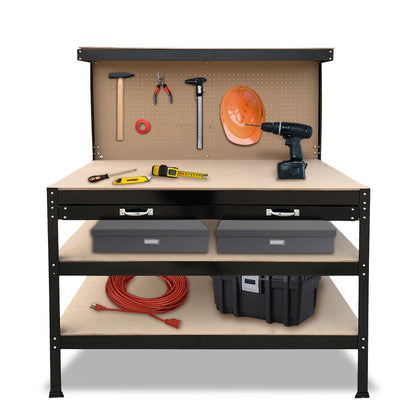 3-layer Steel Work Bench Garage Storage Table Tool Shop Shelf Pegboard Drawer