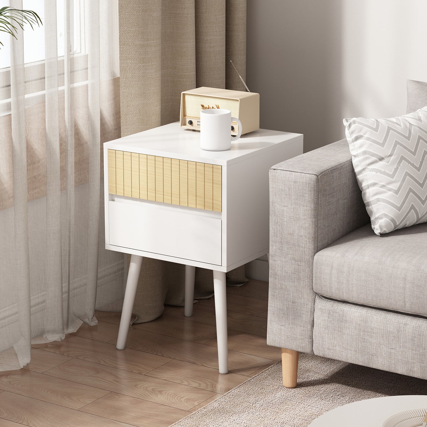 Sarantino Clio Bedside Table Night Stand - White/Natural