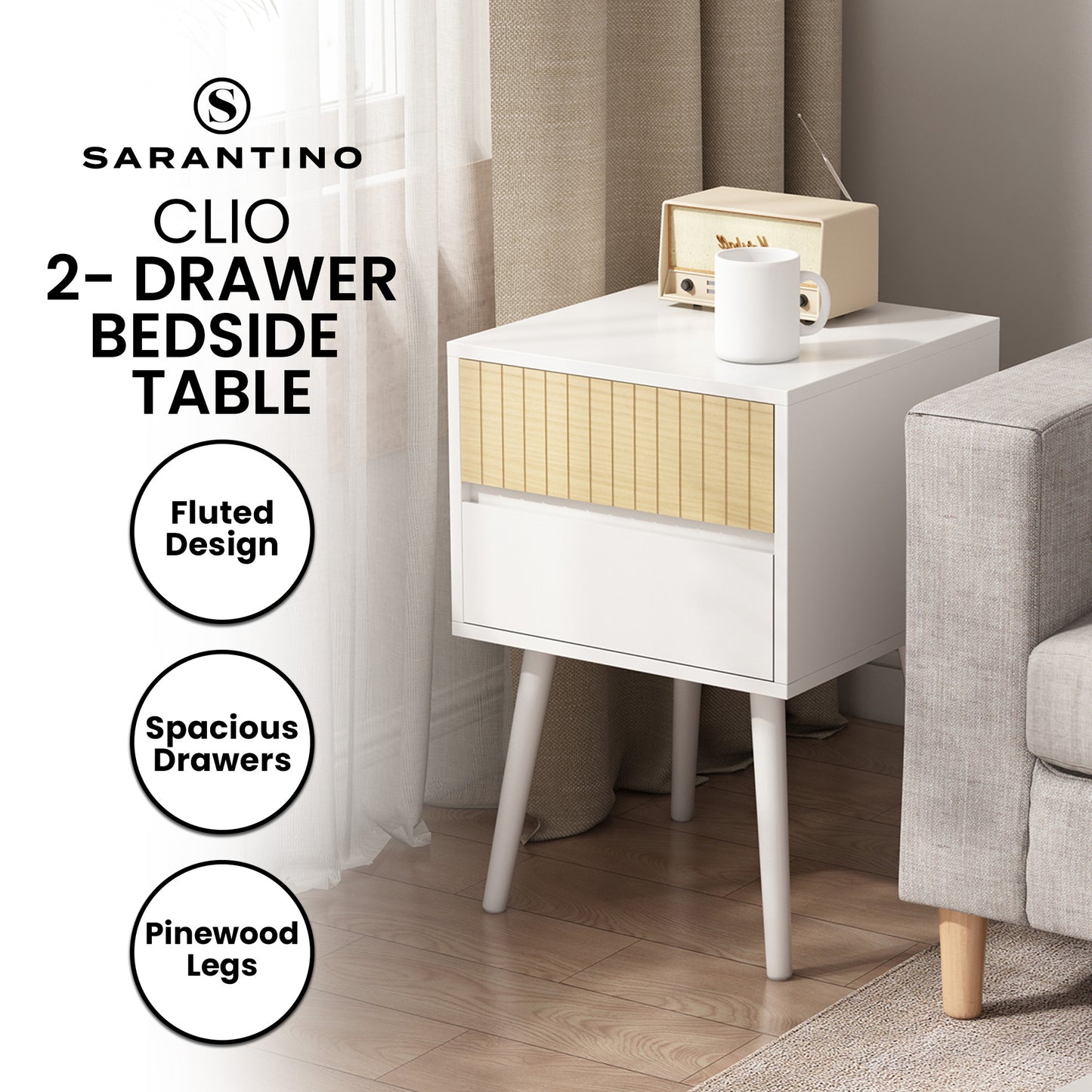 Sarantino Clio Bedside Table Night Stand - White/Natural