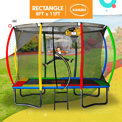 Kahuna Trampoline 8 Ft X 11 Ft Outdoor Rectangular Rainbow with Basketball Set