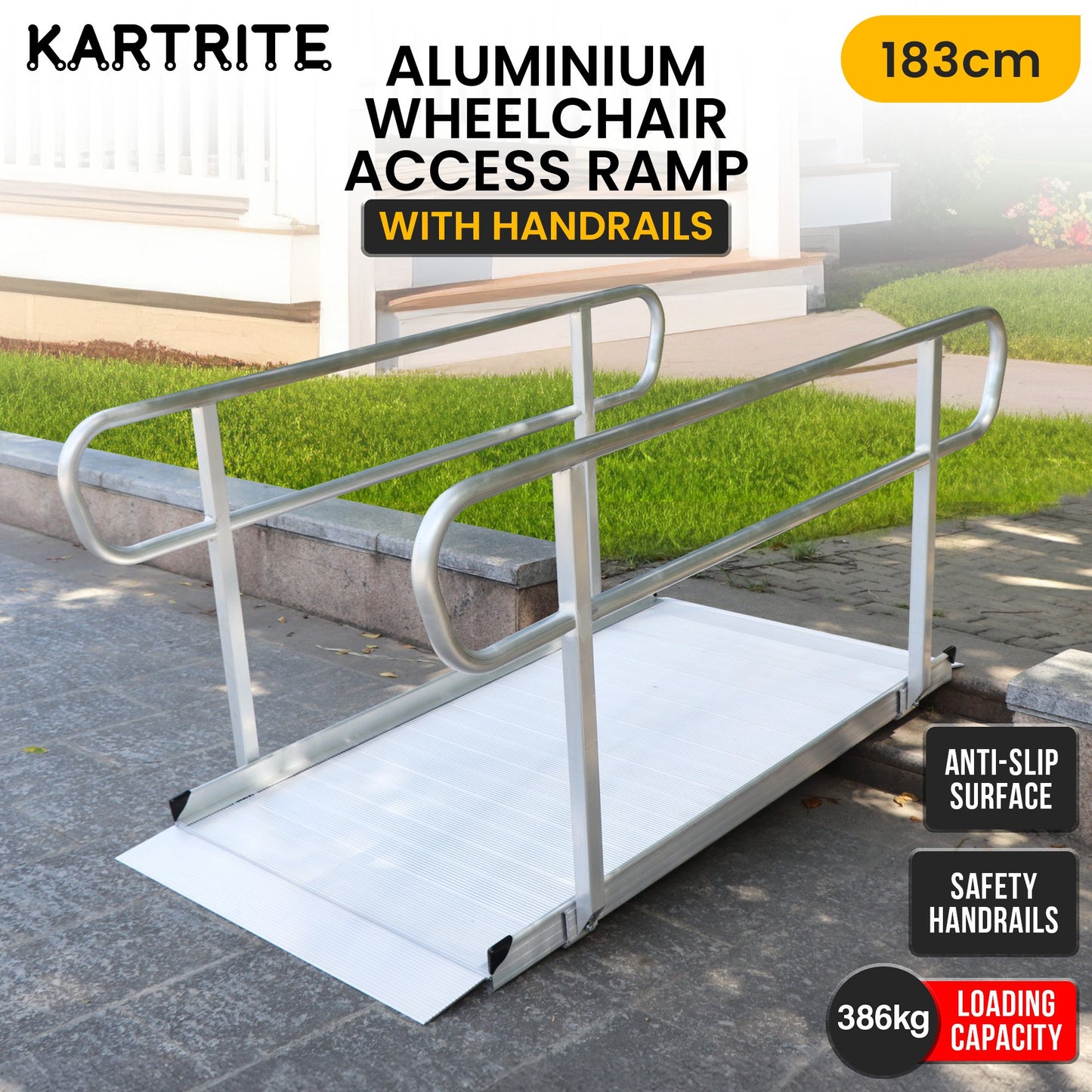 Kartrite 6ft Portable Aluminium Mobility Threshold Access Wheelchair Ramp w/ Handrails