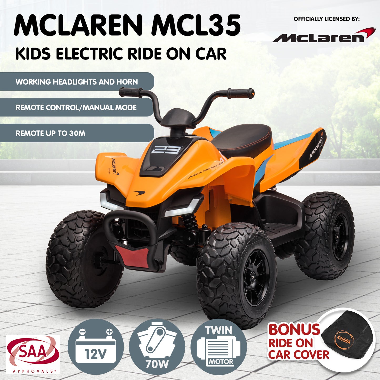 Licensed MCL35 McLaren Kids Toy Ride On Electric Quad Bike - Orange