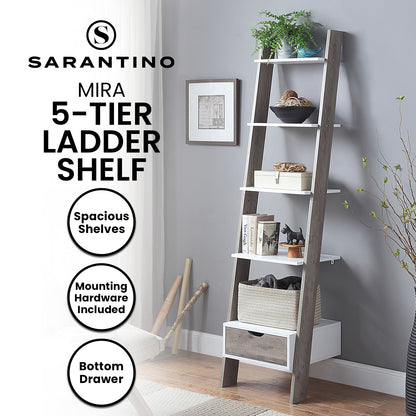 Sarantino Mira 5-Tier Ladder Shelf - White and Grey Oak