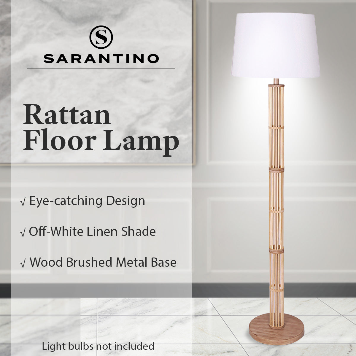 Rattan Floor Lamp With Off-White Linen Shade by Sarantino