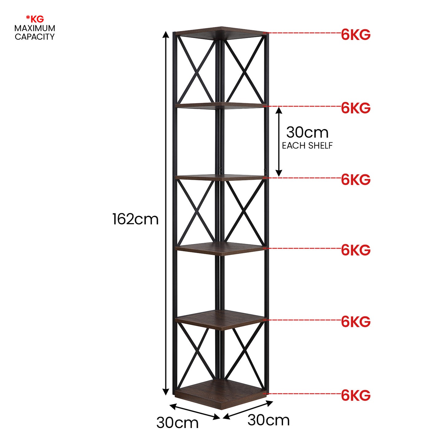 Sarantino Nora 5-Tier Corner Bookshelf - Walnut/Black