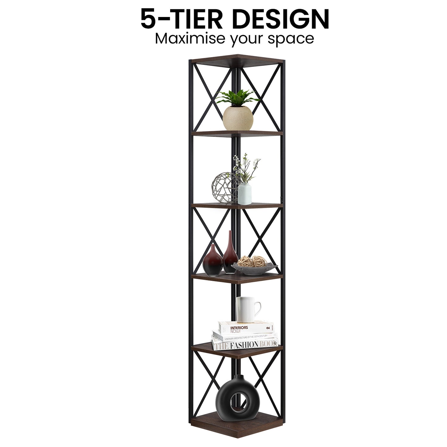 Sarantino Nora 5-Tier Corner Bookshelf - Walnut/Black