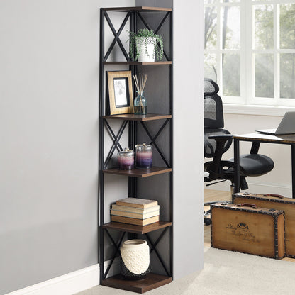 Sarantino Nora 5-Tier Corner Bookshelf - Walnut/Black