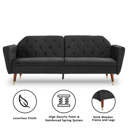 Sarantino Faux Velvet Tufted Sofa Bed Couch Futon - Black