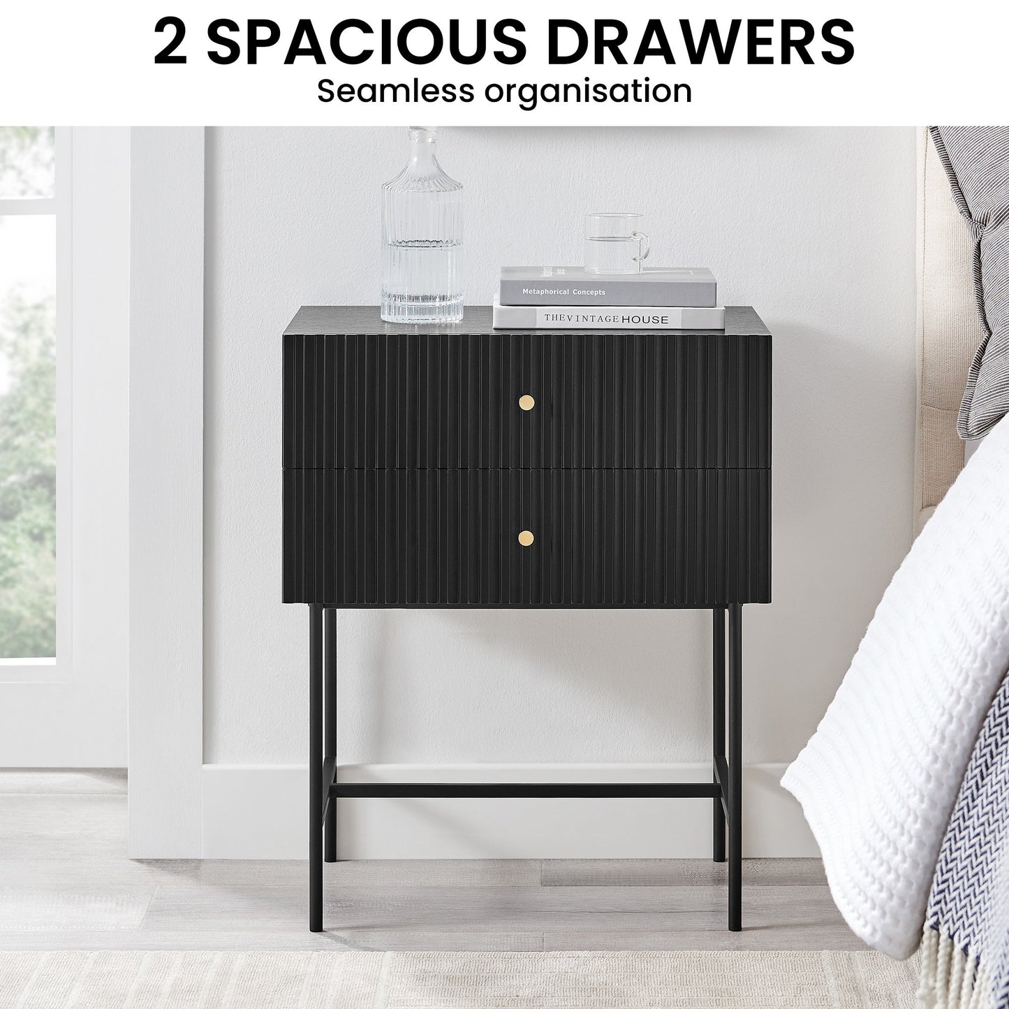 Sarantino Arden Fluted 2-Drawer Bedside Table Night Stand - Black