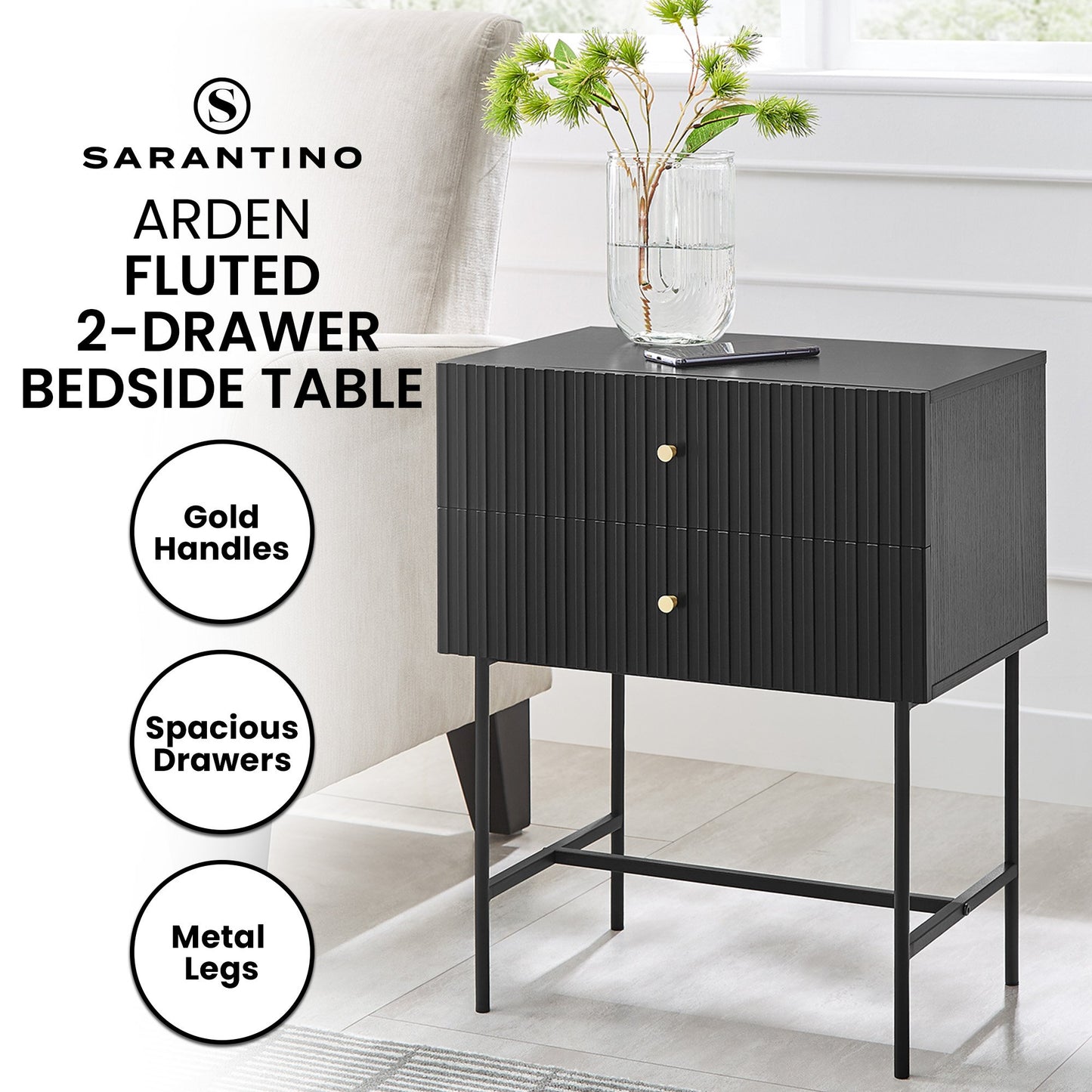 Sarantino Arden Fluted 2-Drawer Bedside Table Night Stand - Black