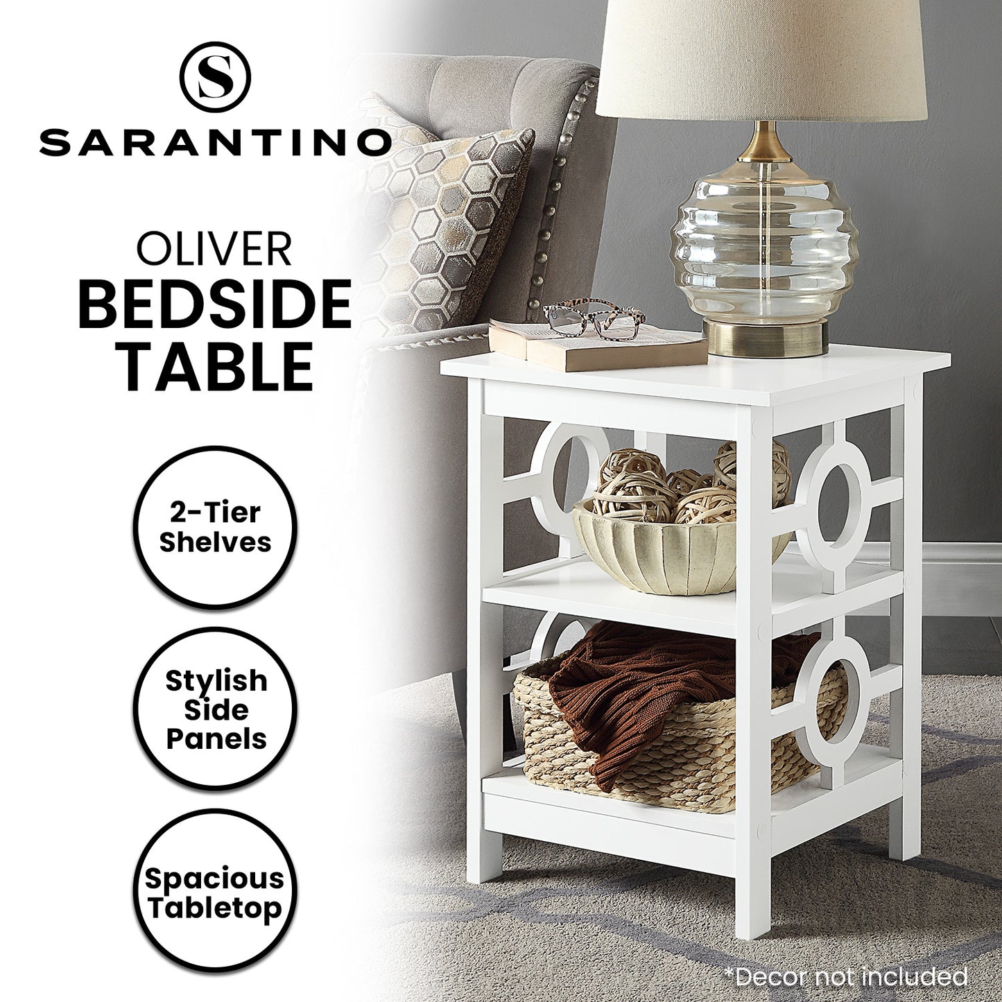 Sarantino Oliver 2-Tier Bedside Table - White