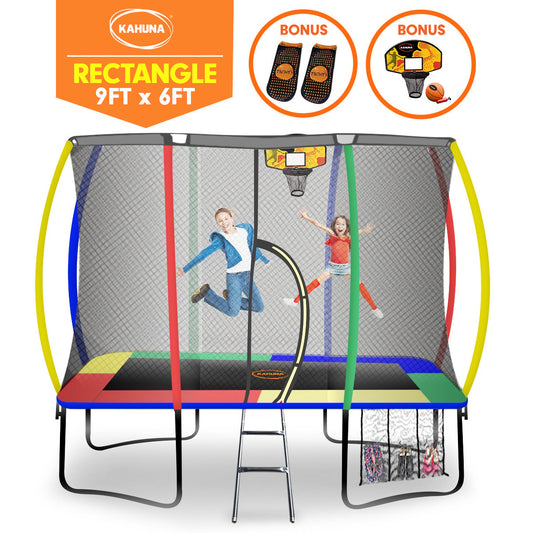 Kahuna Trampoline 6ft x 9ft Rectangular Outdoor Rainbow Basketball Set