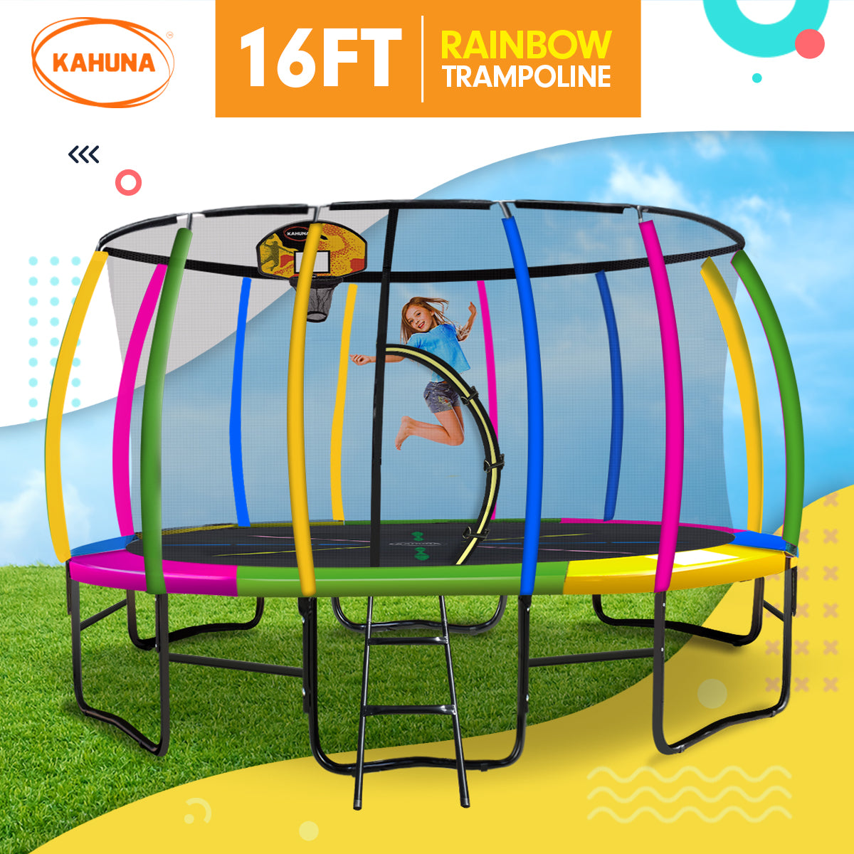 Kahuna Trampoline 16ft with Basketball Set - Rainbow