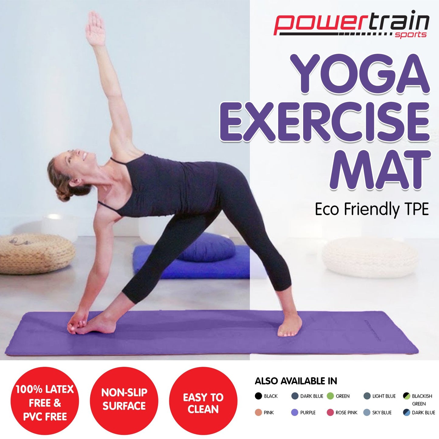 Powertrain Eco-Friendly TPE Yoga Pilates Exercise Mat 6mm - Lilac